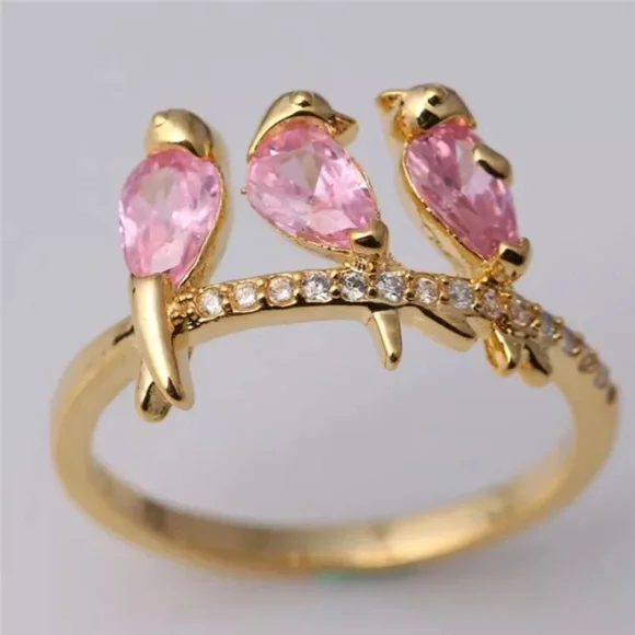NWT Three Pink Crystal Spring Birds Perched on a Gold Tone Branch Ring Size 7 - Picture 1 of 7